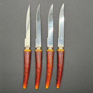 Vtg 4 Steak Knife Reo Crest Regent Sheffield Faux Antler Bone Stainless Serrated